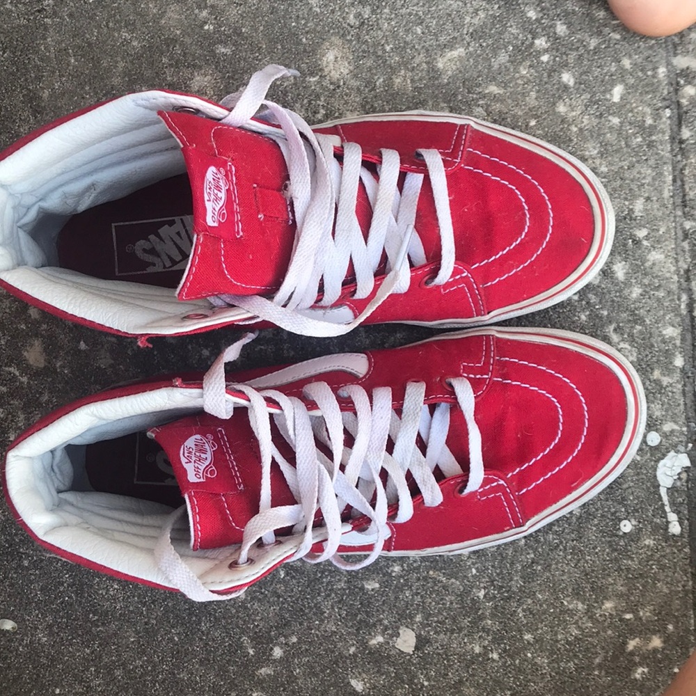 Red and white high top vans